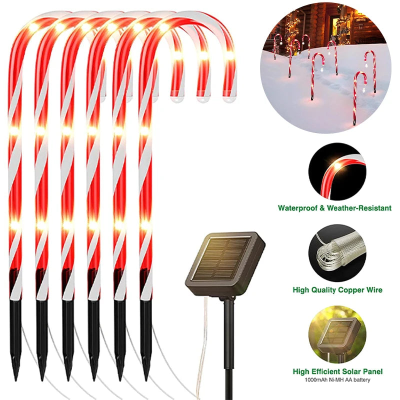 Outdoor Solar Power Light Christmas Candy Cane Lights LED Garden Ground Plug Crutch Lamp Festive Courtyard Decor Halloween Party