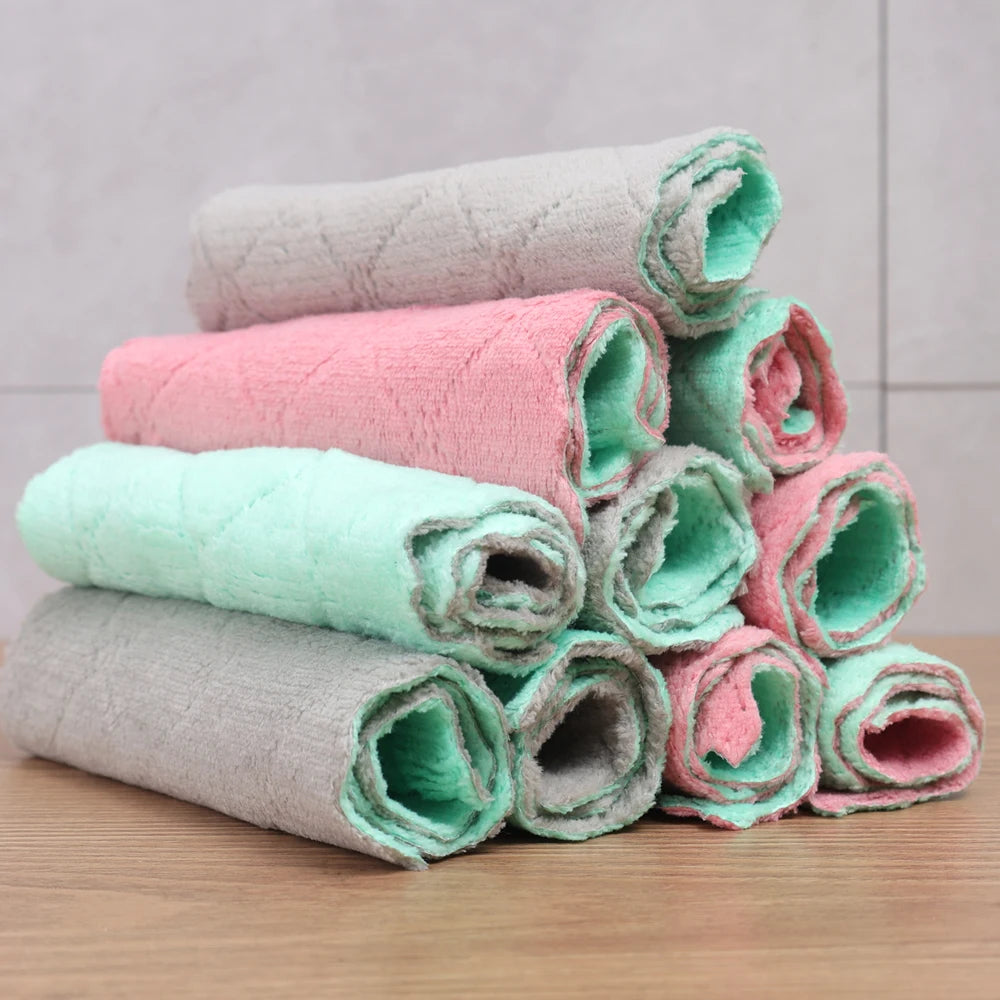 5/10pcs Kitchen Dishcloth Coral Velvet Towel Super Absorbent Wave Design Wipe Nonstick Oil Microfibre Thickened Rags Fast Drying