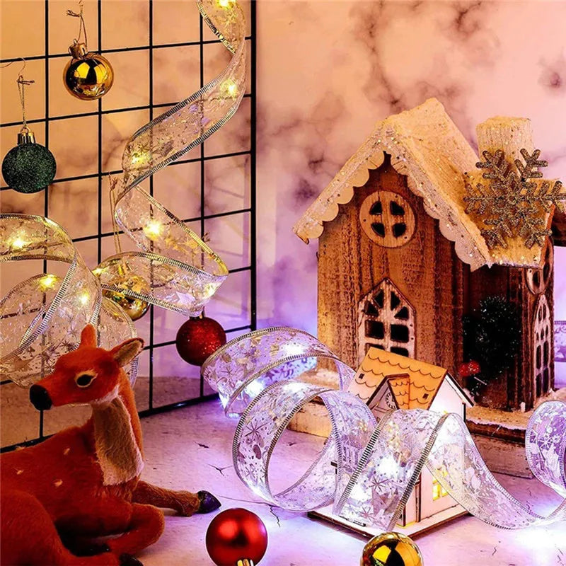 Christmas Decoration LED Ribbon Fairy Lights Christmas Tree Ornaments for Home 2023 DIY Bows Light String Navidad New Year 2024