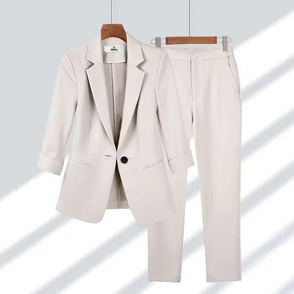 Summer Jacket Blazer Casual Wide Leg Pants Two Piece Elegant Women's Pants Set Office Outfits Business Clothing