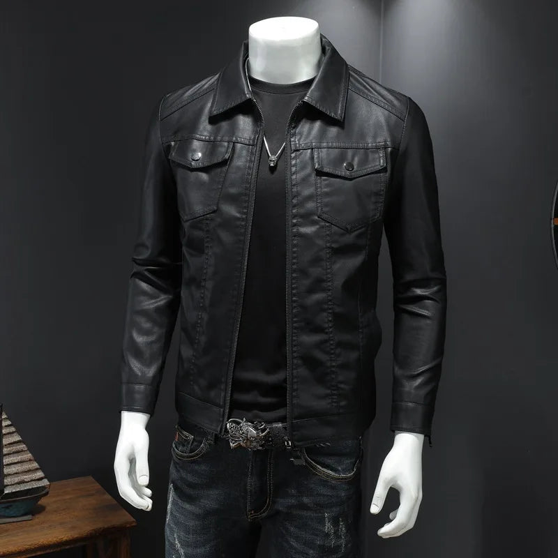 Men's Motorcycle Leather Jacket Large Size Pocket Black Zipper Lapel Korean Slim Fit Male High Quality PU Leather Coat for Men