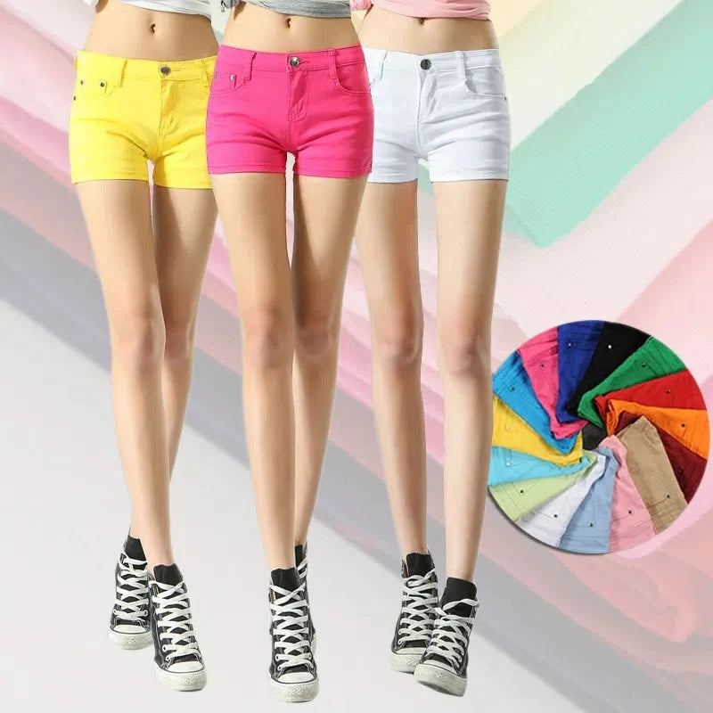 Color Summer Cool Mid Rise Denim Shorts Women Slim Fit Cotton Breeches Fresh Sweet Girl Casual Pants Clothes Gift