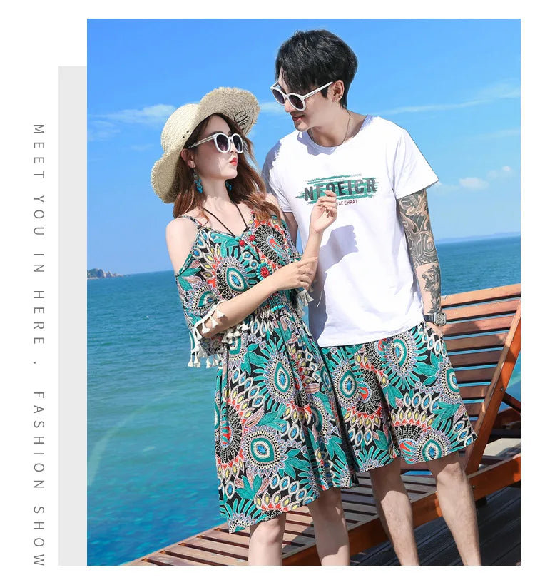 Family Matching Outfits Summer Beach Mother Daughter Floral Dresses Dad Son Cotton T-shirt & Shorts Couple Outfit Seaside