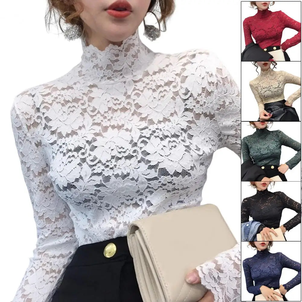 Half High Collar Lace Women Blouse Long Sleeves See-Through Sexy Lace Blouse Women Elegant  Crochet Hollow Floral Blouse Shirt