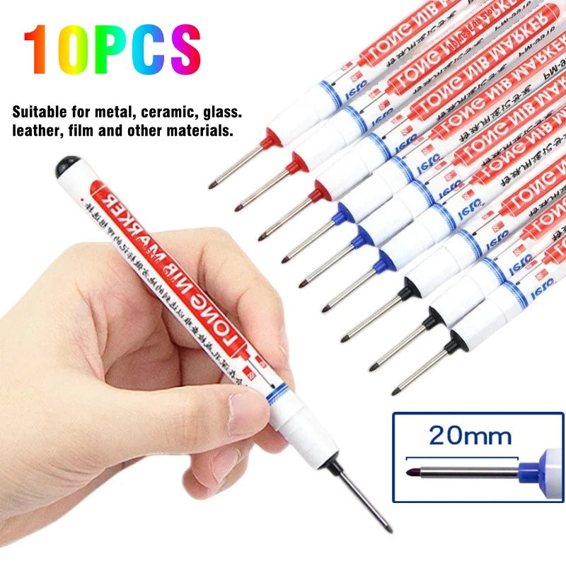 10Pcs/Set Multi-Purpose 20mm Deep Hole Long Nib Head Marker For Metal Perforating Pen Waterproof Bathroom Woodworking Decor Tool