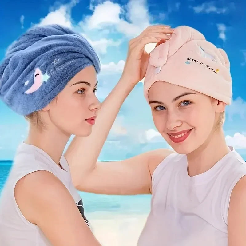 Dry hair cap absorbent coral fleece padded double-layer hair care shower cap cute embroidery hair towel household necessities.