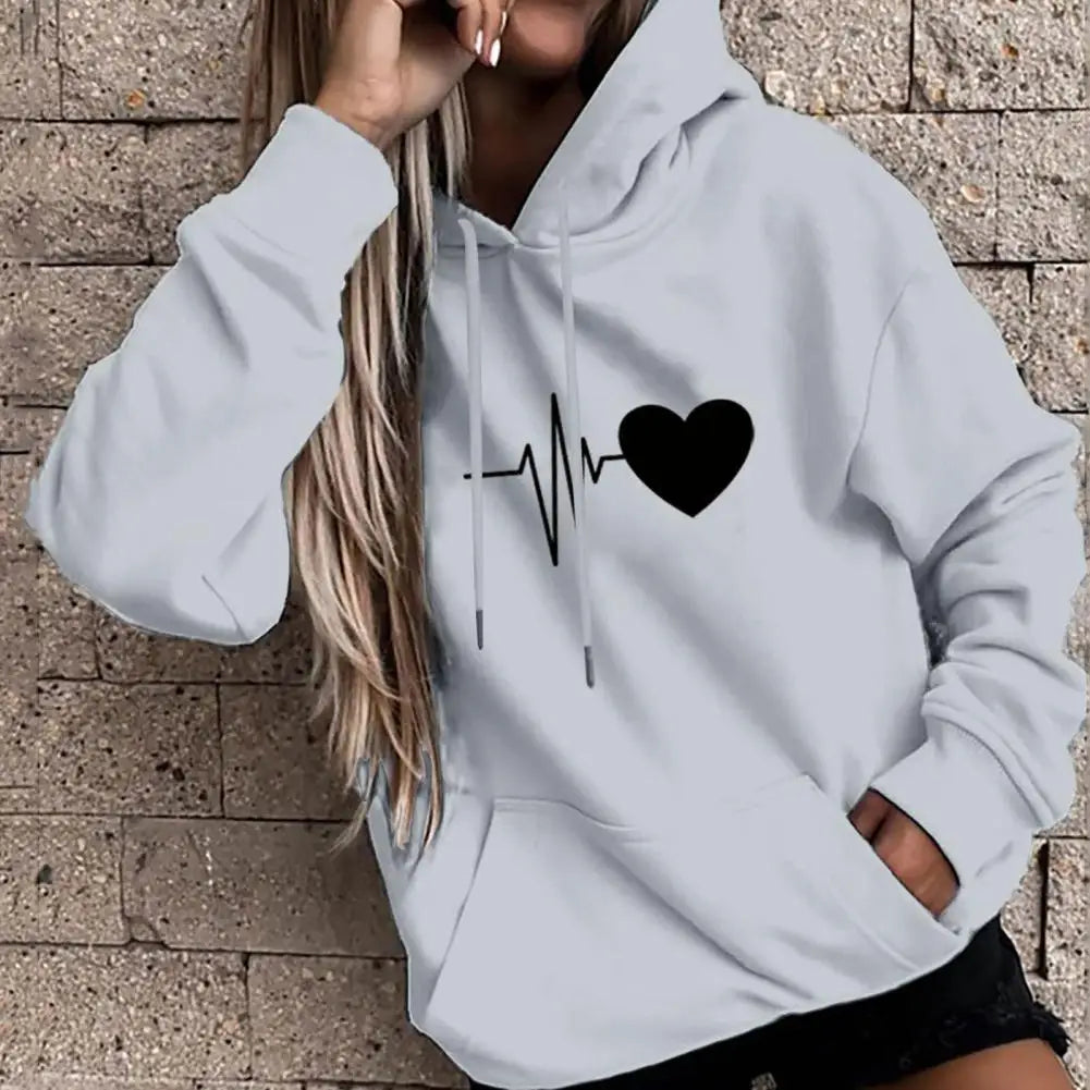 New Arrival Women Hoodie Drawstring Warm Pullover Heart Print Spring Hoodie