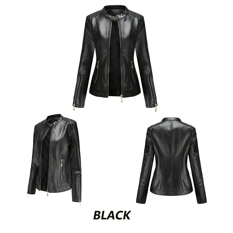 Leather Women Coat Full Sleeve Round Neck Slim Fit Solid Sexy Regular Jackets Zipper Casual Jacket